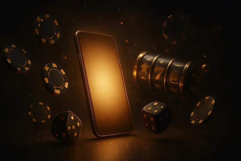 Panoramic promotional banner with glowing smartphone, floating casino chips, slot reels, dice, and gold accents on a dark luxurious background